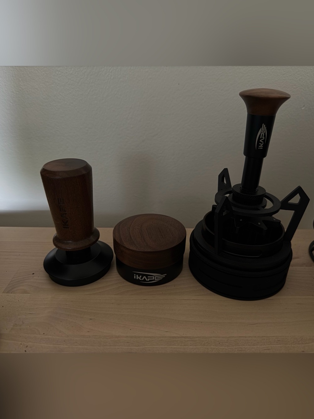 iKape Walnut Wood and Black Coffee distributor, coffee tamper and WDT TOOL